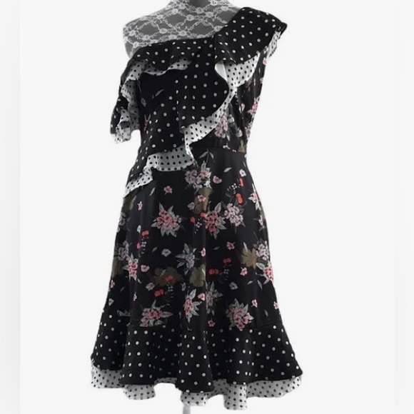 Anthropologie | LEA & Viola Whimsical Polka Dot & Floral One Shoulder Mini Dress - Picture 4 of 8